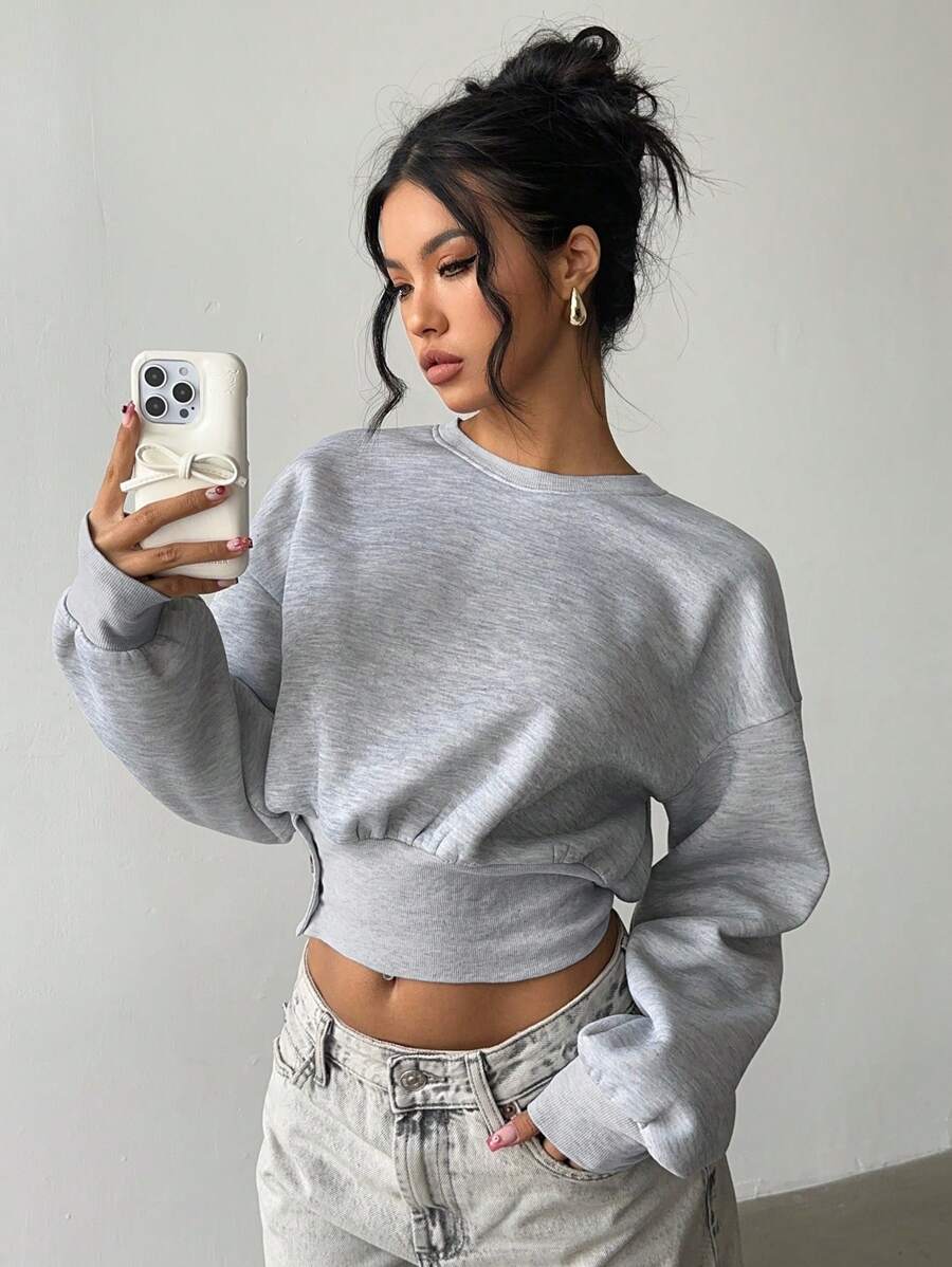 SHEIN EZwear Women's Solid Color Round Neck Dropped Shoulder Long Sleeve Cropped Sweatshirt Pullover Fall - Grey - View 1