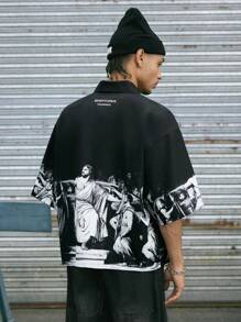 AXEPEAK Men's Loose Digital Print Short Sleeve Woven Shirt, Streetwear Ready, Suitable For Summer - Black - View 7