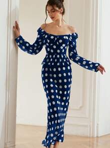 Aveloria Rosie French Elegant Square Neck Retro Polka Dot Patchwork A-Line Ruffle Dress With Fitted Waist, Women Long Sleeve Long Gown