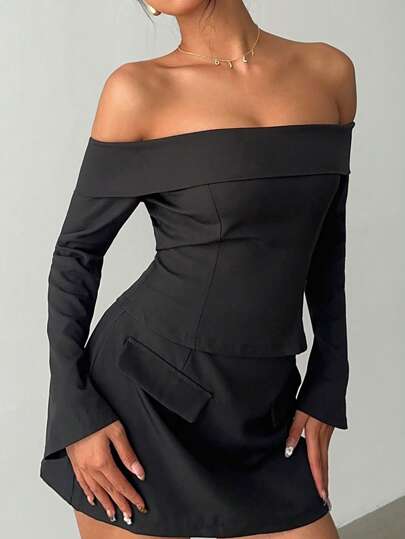 Aloruh 女士露肩纯色长袖修身喇叭袖口衬衫，适合通勤、休闲装、办公室、秋冬季