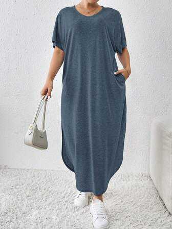 SHEIN Essnce Plus Size Women's Spring And Summer New Fashion Commuter Casual Pocket Design Slit Long Robe Dress