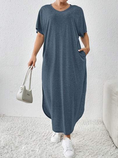 Shapeblank Plus Size Women's Spring And Summer New Fashion Commuter Casual Pocket Design Slit Long Robe Dress