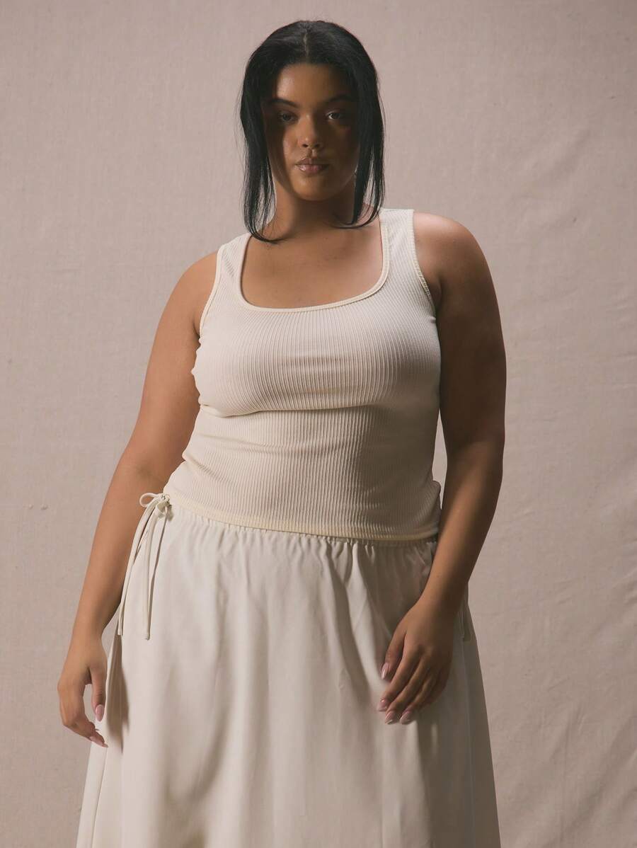 MUSERA Plus Fitted Square Neck Tank Top, Holiday, Elegant , Holiday Spring Summer Casual - Cream - View 1