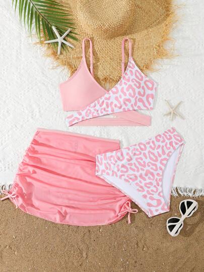 SHEIN Conjunto de traje de baño para adolescentes que incluye parte superior de bikini con tirantes cruzados y tiras finas, Bottom con estampado de leopardo, y una envoltura con pliegues a los lados