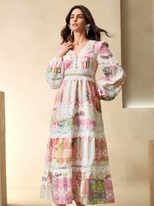 Anewsta Elegant Vacation Women Floral Mid-Long Dress (Pattern Random) - Multicolor - View 6