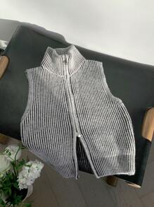 Comfortcana Women's Striped Front Zipper Collar Cropped Knit Vest