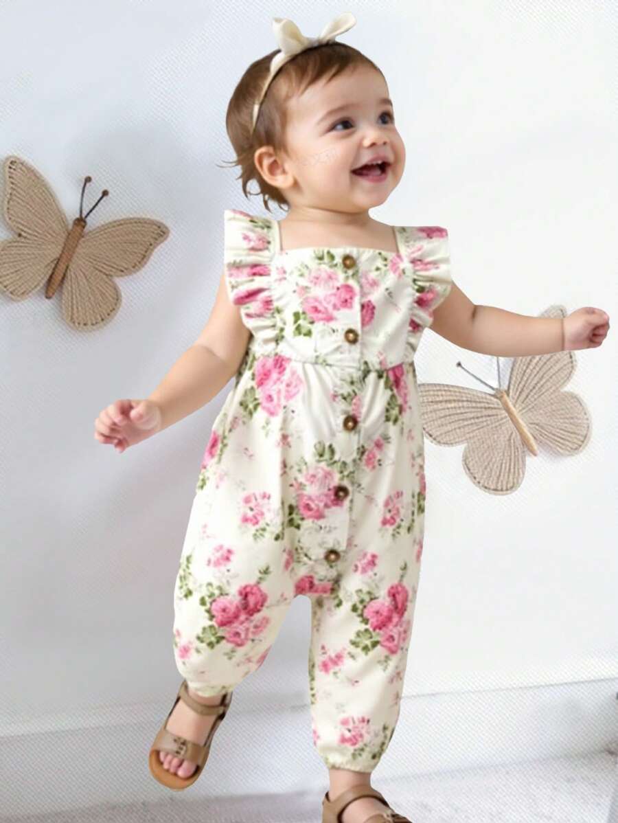 SHEIN Floral Print Ruffled Collar Sleeveless Romper For Baby Girls Toddler, Suitable For Spring/Summer Outings, Vacation And Daily Wear