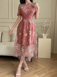 DAZY Đầm maxi dáng lửng tay phồng in hoa mỏng nhẹ, thích hợp cho kỳ nghỉ/hẹn hò, dành cho nữ, kiểu dáng thanh lịch, thích hợp cho lễ Phục sinh. - Hồng - Xem 4