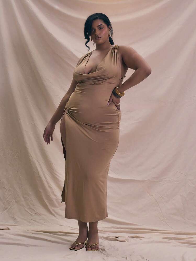 MUSERA Plus Size Deep V Neck Satin Sleeveless Ring Detail Maxi Dress For Outfit, Holiday, Elegant Flowy, Versatile Long Dress Spring Summer Vacation Graduation Prom - Khaki - View 1