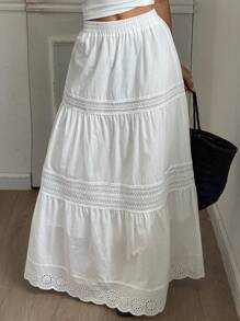 Livesso 大码纯色宽松休闲度假夏季半身裙，波西米亚风拼接蕾丝边女士长裙度假装扮 - 白色 - 查看 3