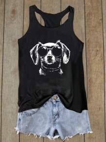 SHEIN LUNE Funny Cute Dachshund Dog Head & Glasses Print Women Casual Racerback Tank Tops - Black - View 9