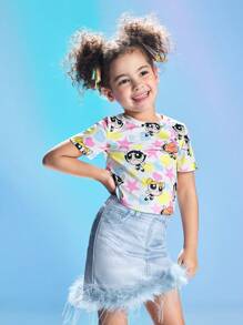 THE POWERPUFF GIRLS X SHEIN Young Girl Cartoon Love Star Print Cute And Lively Casual Short-Sleeved T-Shirt - Multicolor - View 1