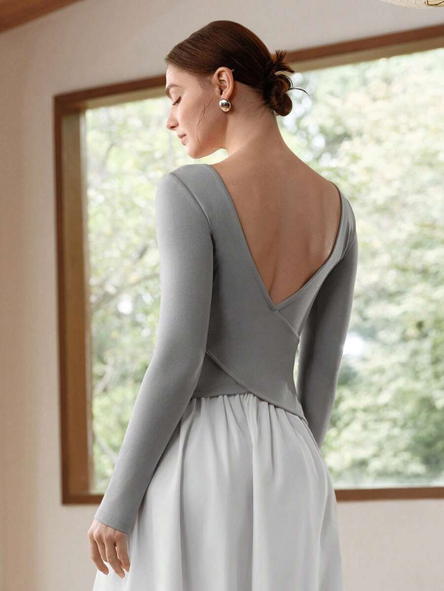 Chiquease 女士针织高弹力交叉后背优雅休闲性感长袖上衣