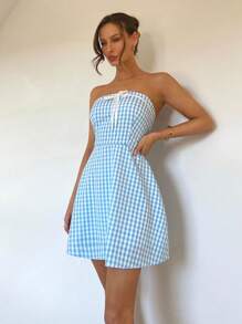 Chiquease Women Bandeau Bowknot Plaid A-Line Dress