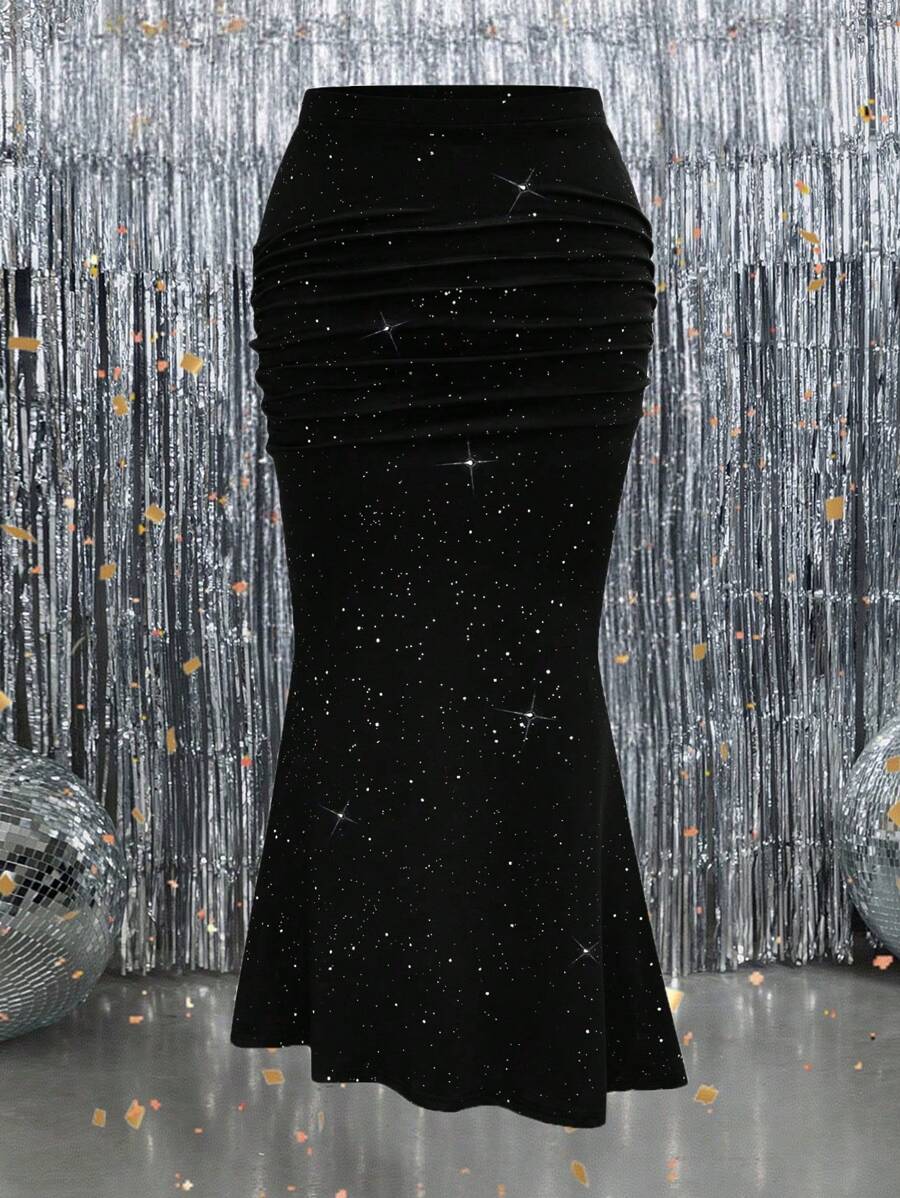 Große Größen Maxirock in Meerjungfrauenform mit Glanz und Raffungen für Damen, elegant