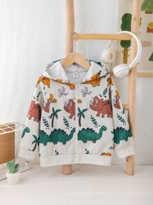 SHEIN Leap Crew Young Boys' Cute Cartoon Fun Cartoon Animal Dinosaur Long Sleeve Hooded Sweatshirt ,Suitable For Outdoor School, Garden, Beach, Birthday, Baby Shower Party, Fall/Winter - Khaki - View 4