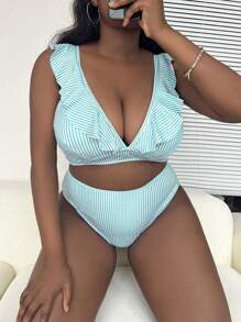 Slaydiva 2 件套大码女式条纹印花比基尼泳装套装，休闲度假 - 彩色 - 查看 6