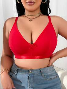 Plus Size Women Comfortable Minimalist Bow Decor Lingerie - Red - View 3