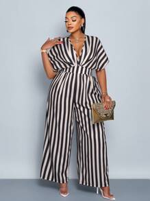 SOLERSUN 女士优雅条纹印花蝙蝠袖系带连体裤 - 黑色 - 查看 7