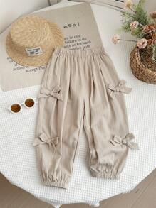 SHEIN LMoss Kids 年轻女孩宽松纯色抽绳九分裤 - 杏色 - 查看 1