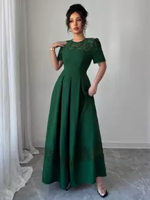 Rafferiza 女士优雅撞色蕾丝圆领泡泡袖绿色迷你连衣裙 - 綠色 - 查看 3