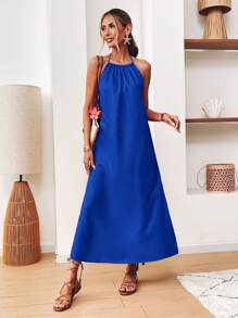 SHEIN VCAY 女式露背流苏系带开衩休闲度假连衣裙 - 寶藍色 - 查看 4