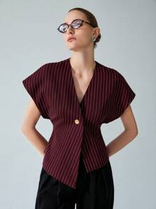 Aveloria Modichic High-End Commuter Minimalist Deconstruit Oversized Dolman Mâneci Decolteu în V Un singur piept Deschis în față Tivul asimetric Femei Bluză fără mâneci pentru muncă, potrivită pentru vară și toamnă - Multicolor - Vizualizare 1