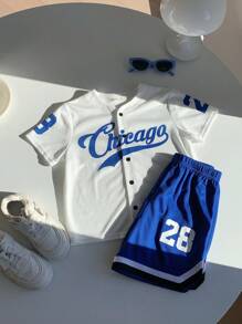 SHEIN 2 Packs Young Boys Casual Sports College Street Cute Vacation Letter Pattern Baseball Shirt And Shorts Set Suitable For Kids Outfits Young Boy Clothes Back To School Set Suitable For Birthday Parties, Evening Parties, Performances, Weddings, Baptisms, Opening Ceremonies Daily Suitable For Daily Use School Travel Sports Spring And Summer Seasons