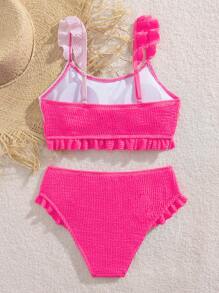 Tween Girls Bikini Sets, Knit Wavy Fabric Top With Shoulder Straps And Ruffle Trim Bottom Swimwear, Suitable For Swimming & Beach In Summer Two Pieces Bathing Suit For Girls