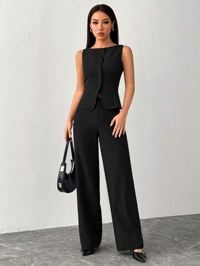 SHEIN PETITE 女士纯色圆领单排扣背心和裤子优雅通勤套装，夏季秋季女装女套装办公室装商务休闲女两件套服装秋季女装办公室装女套装女式西装套装