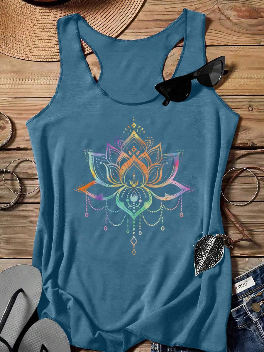 EMERY ROSE Women's Casual Minimalist Watercolor Colorful Henna Pattern Fitted Racerback Tank Top, Summer Back To School - Dusty Blue - View 1