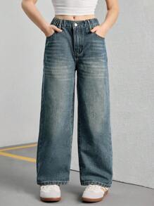 Sparklyn 青少年女孩复古宽松阔腿牛仔裤，休闲直筒牛仔裤，学校，校园，大学 - 中等水洗藍 - 查看 7