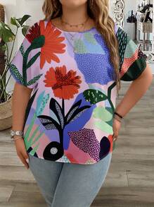 EMERY ROSE Plus Size Women Summer Pastel Floral Print Round Neck Casual Round Neck Short Sleeve Shirt, Vacation Outfits Women,Blouses For Women