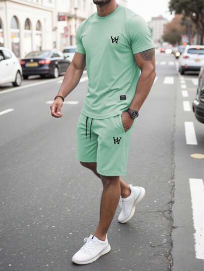 Manfinity Homme 2pcs Men's Letter Print Round Neck Short Sleeve Casual T-Shirt And Drawstring Waist Shorts Set Summer Outfits For Men Men Clothing Men T Shirt Co Ords