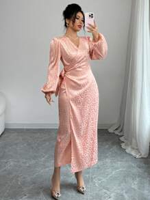 Modelyn Women's Elegant Waist Cinched Fitted Floral Print Dress, Spring/Summer - Pink - View 5