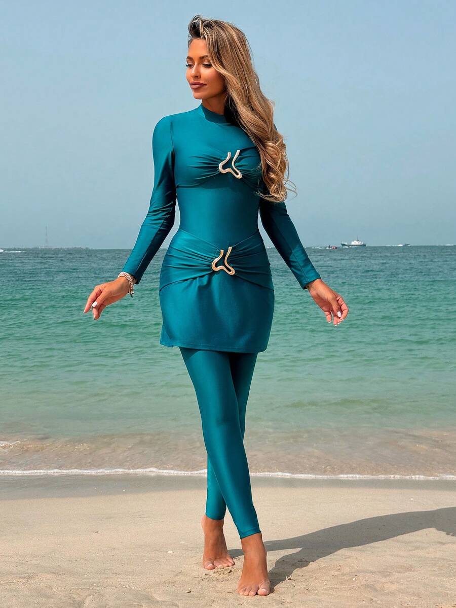 Swim Mulvari Women Conservativeand Fashionable Long Sleeve Top And Pants Peacock Blue Burkini Set, For Summer Beach Vacation - Teal Blue - View 1