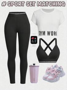 Slayform Slayform 女士字母印花短袖 T 恤和紧身裤休闲百搭运动服套装健身女士套装 - 黑與白 - 查看 3