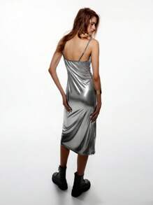 SHEIN EZwear Women's Sleeveless Silver Color Side Slit Ruched Hem Dress - Silver - View 2