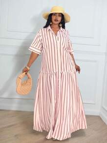 Slaydiva 大码/西式女装条纹短袖衬衫裙，简约时尚 - 彩色 - 查看 10