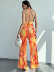 Aloruh 女士两件套：扎染褶皱露背长上衣和开衩高腰长裤，夏季度假装 - 彩色 - 查看 2