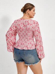 Aveloria Rosie 2025 Spring/Summer Versatile Ditsy Floral Puff Sleeve Design Fitted Slim Romantic Countryside Style Plus Size Women Blouse Boho Vacation Fashionable Style All Over Print - Pink - View 2