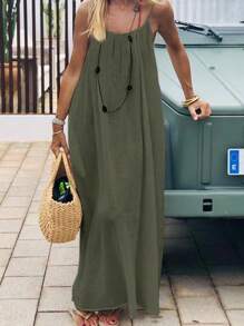 INAWLY Plus Size Solid Color Green Backless Spaghetti Strap Dress, Casual Holiday Style - Green - View 3