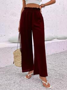 SHEIN LUNE Women's Solid Color Ruffle Pocket Wide Leg Casual Pants Fall Cloth For Women - Burgundy - View 4