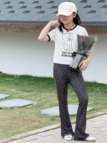 DAZY 2pcs/Set Tween Girl Crew Neck Knitted Allover Print Short Sleeve T-Shirt + Allover Print Long Pants, Fall Outfit,Back To School Clothes - Beige - View 8