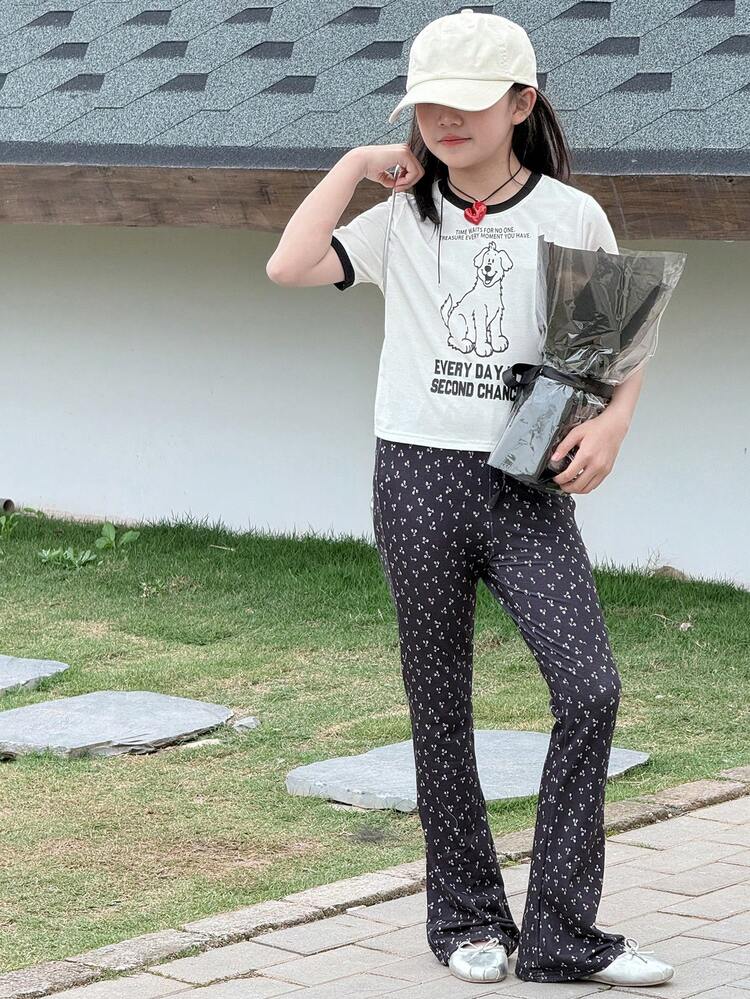 2pcs/Set Tween Girl Crew Neck Knitted Allover Print Short Sleeve T-Shirt + Allover Print Long Pants, Fall Outfit,Back To School Clothes