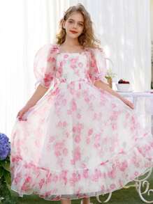 SHEIN Tween Girls Organza Floral Print Puff Sleeve Dress, Floral Pattern Long Dress, Sweet Garden Party Style, Girls Princess Clothing, Suitable For Wedding Events, Floral Decor Design Without Traditional Patterns - Multicolor - View 1