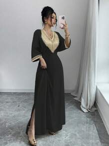 Rafferiza Women's Fashion Elegant Floral Print Fringe V-Neck Waisted Long Dress, Suitable For Ramadan - Black - View 6