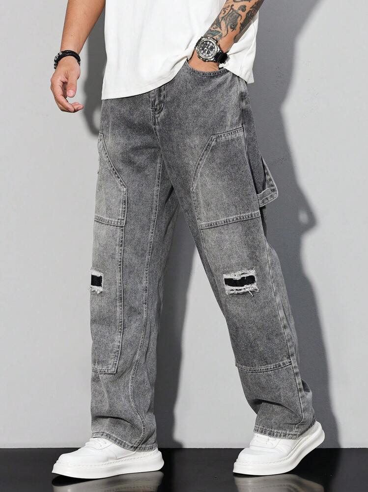 Manfinity Homme Men's Ripped Pocketed Wide Leg Loose Casual Jeans - Light Grey - View 7