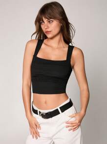 SHEIN Unity Regata Feminina de Cor Sólida com Nó nas Costas, Tecido Texturizado - Preto - Visão 7