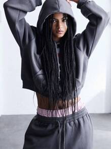 COUREZ Oversized Washed Hoodie With Front Graphic Print Y2K Vintage - Brown - View 4